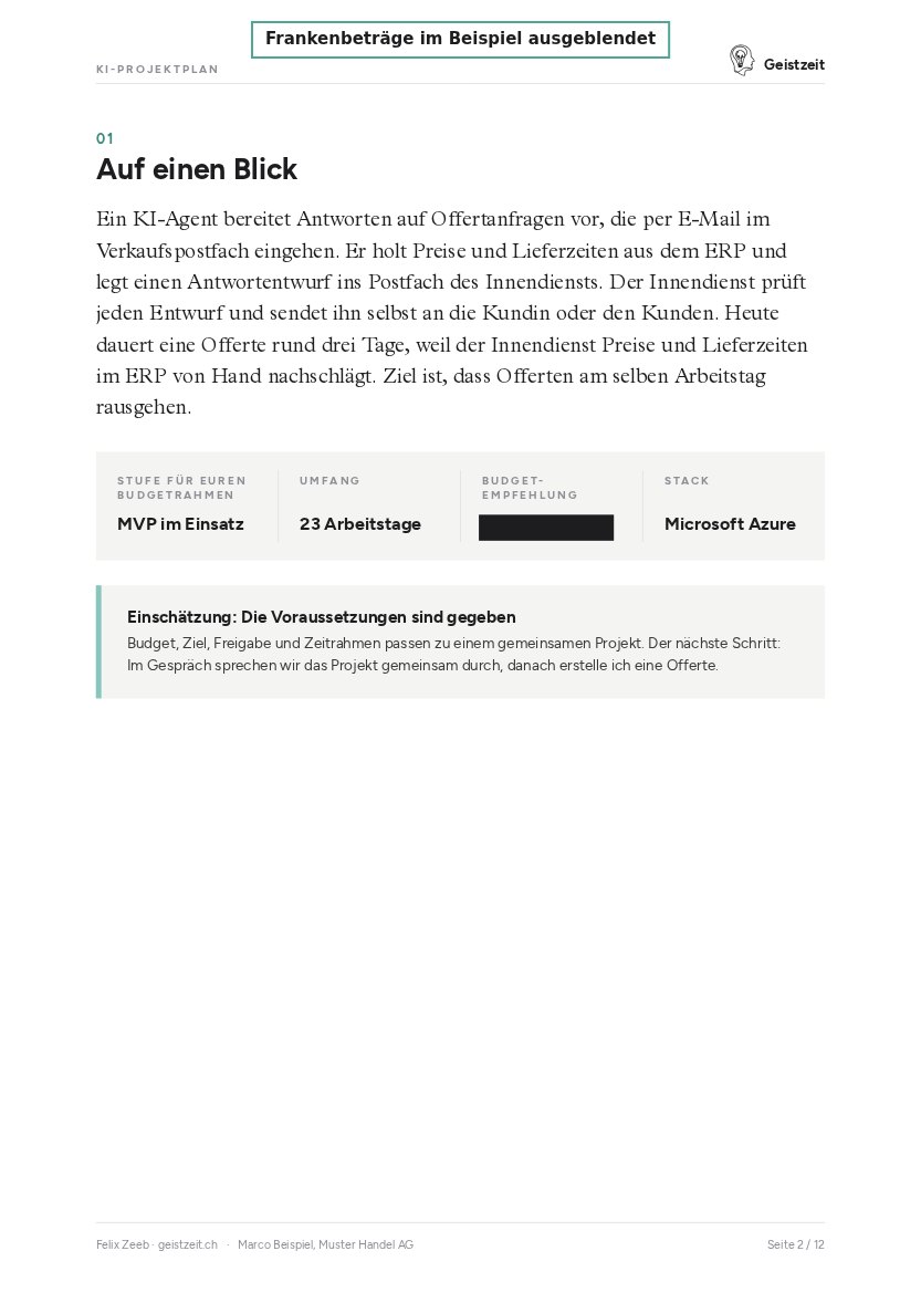 Seite «Auf einen Blick» des Beispielplans (KMU)